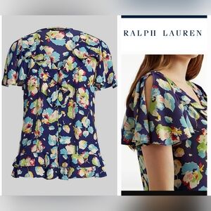 Lauren Ralph Lauren Blu Floral Print Split Flutter Sleeve Button Front Blouse 12